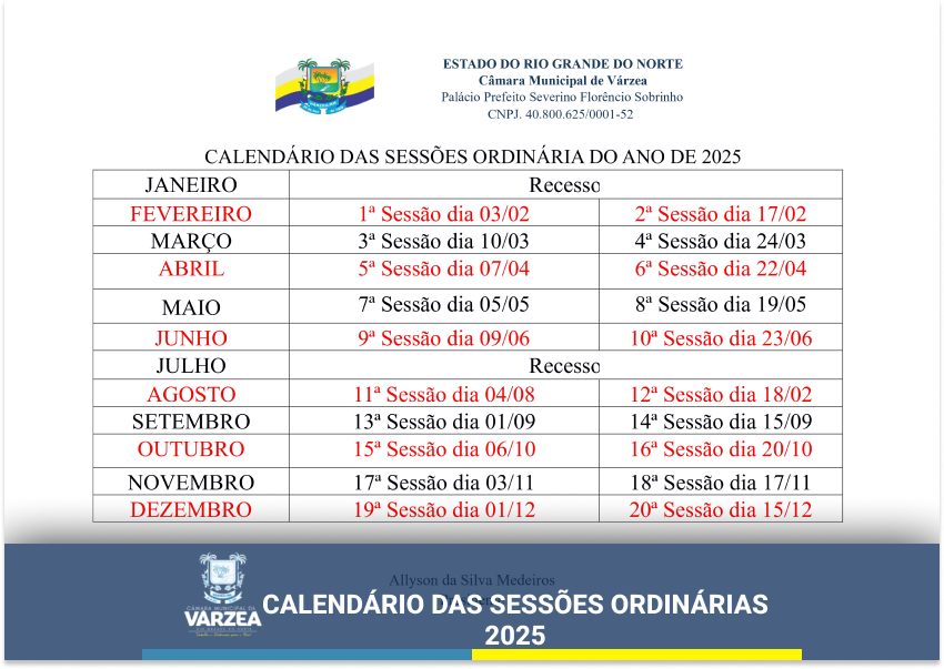 CALENDÁRIO DAS SESSÕES ORDINÁRIAS 2025
